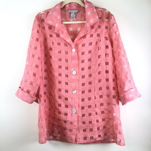 John Mark Coral Pink Button Front Linen Blend Top - Picture 1 of 9